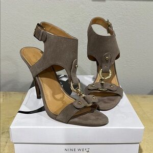 Nine West Women's Taupe Heeled Sandal with Gold Hardware